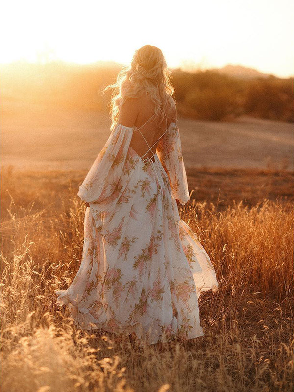 Maxikleid mit Blumenmuster – Rückenfrei & Schulterfrei